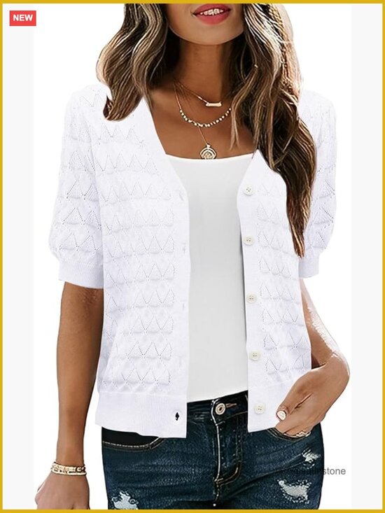 Sweaters - Short Sleeve Crochet Knit Cardigan Shrug Open Front Lightweight
